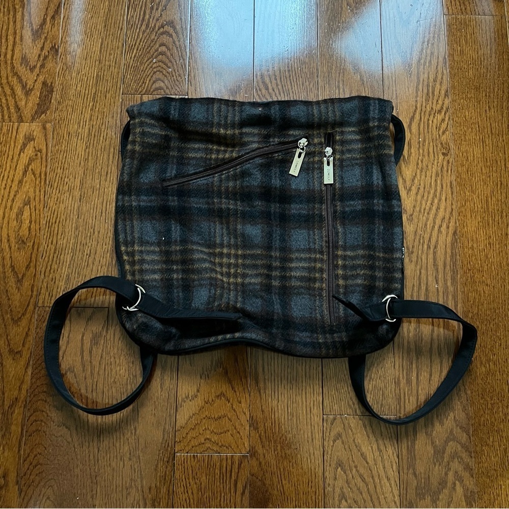 Vintage Black Gray Brown Plaid Woolen Small Backpack Bag